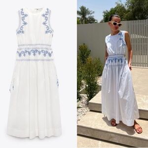 Zara NWT White and Blue Embroidered Midi Dress